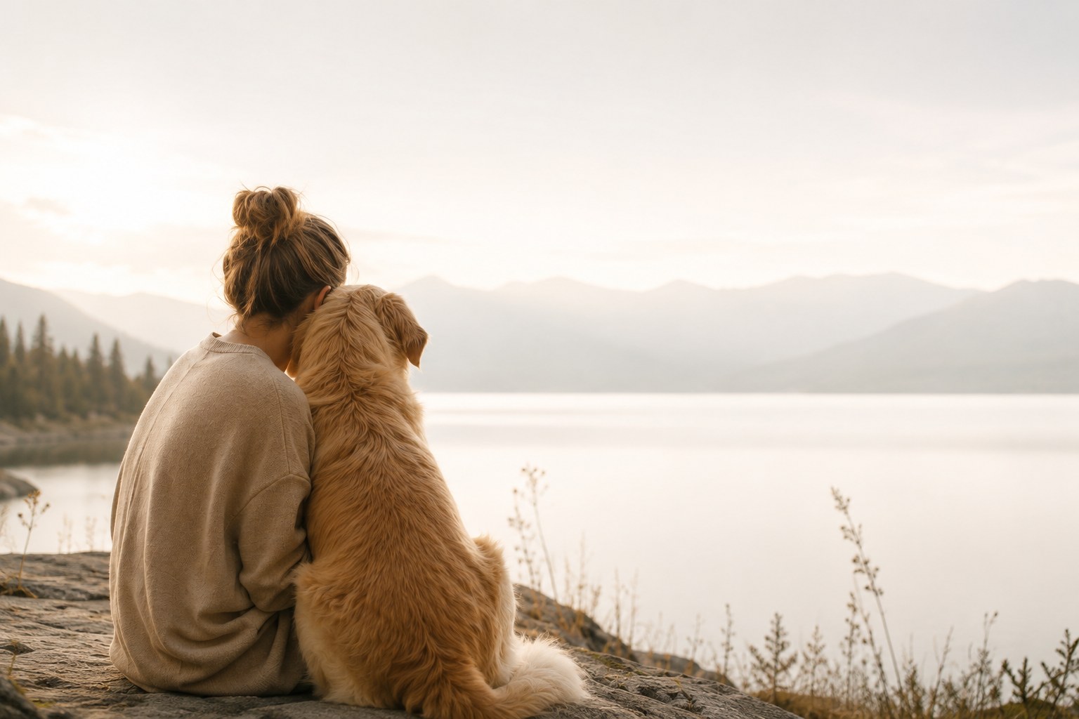 Tutora y perro contemplando un paisaje tranquilo junto al lago